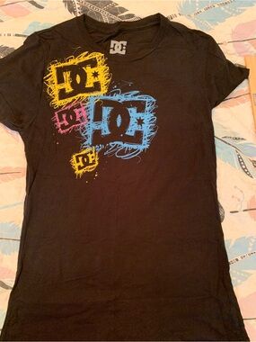 DC Black Tee with Yellow, Blue & Pink Logo Accents